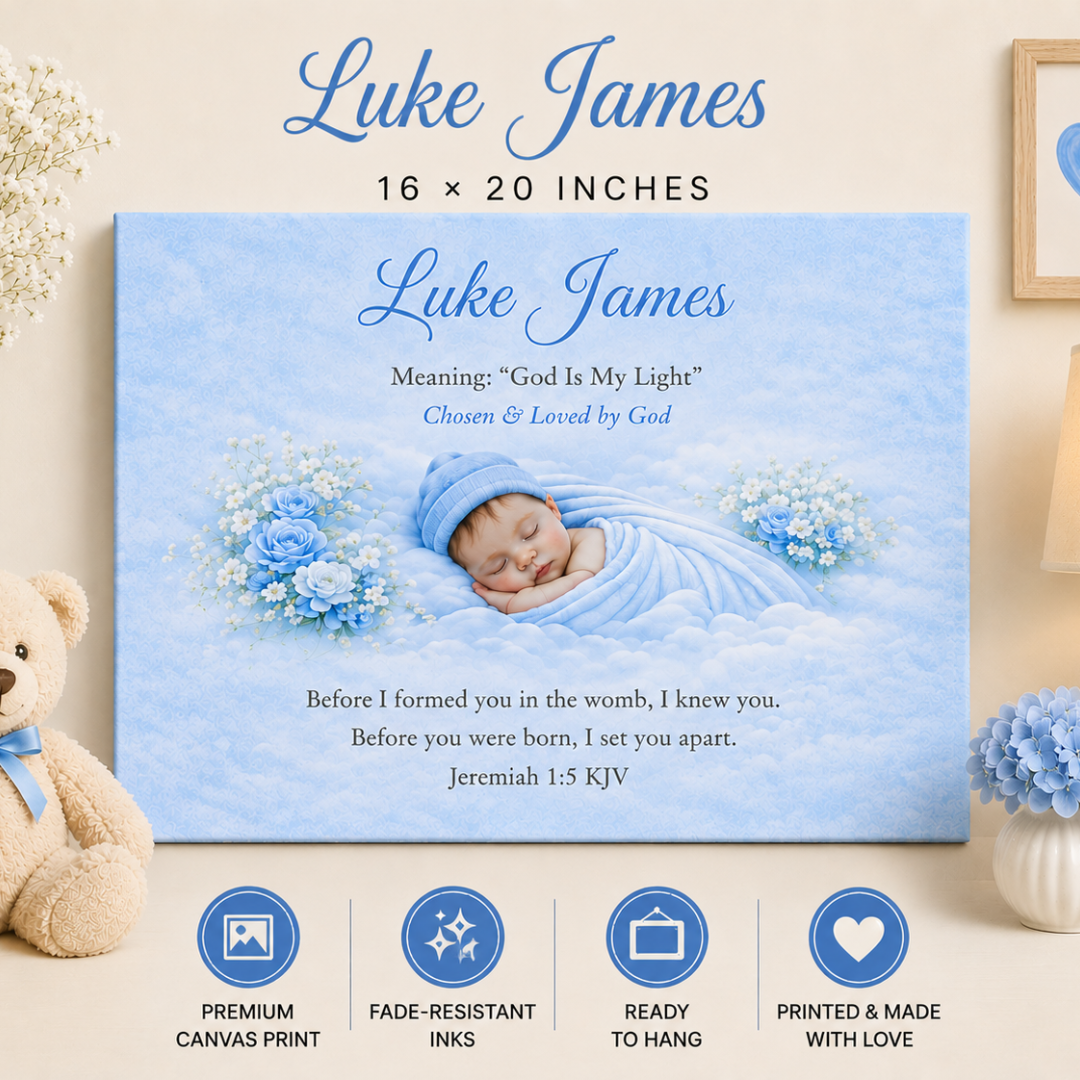 Canvas print with a baby in a blue outfit and flowers, featuring the name 'Luke James' and its meaning.