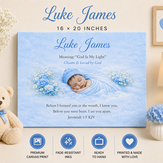 Canvas print with a baby in a blue outfit and flowers, featuring the name 'Luke James' and its meaning.
