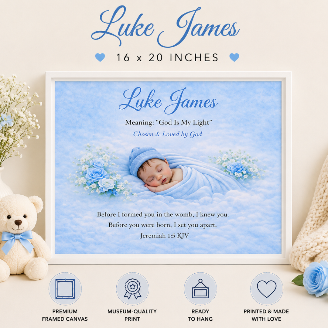 Framed canvas print with a baby's name and a sleeping baby illustration, surrounded by decorative elements.