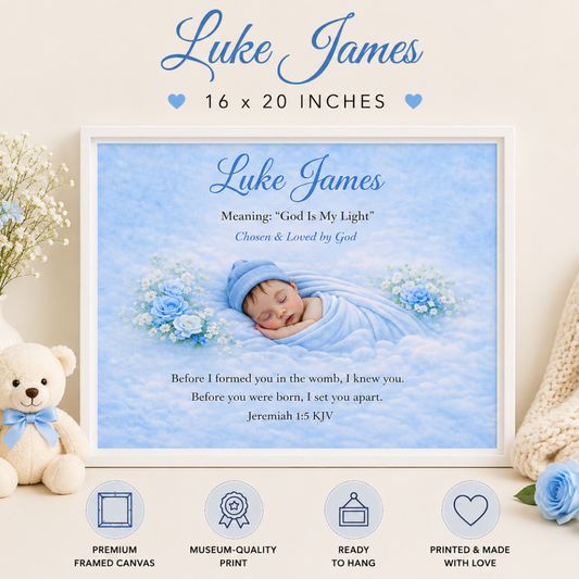 Framed canvas print with a baby's name and a sleeping baby illustration, surrounded by decorative elements.