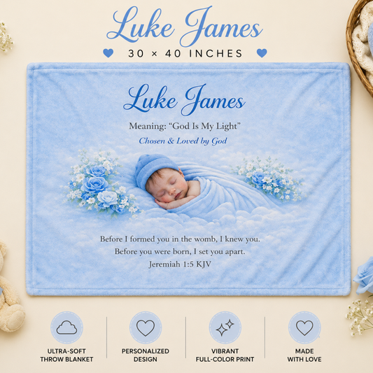 Baby blanket with a sleeping baby in a blue outfit, surrounded by flowers, on a beige background.