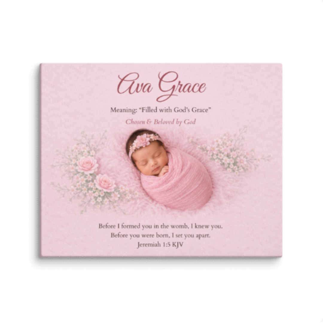 Baby wrapped in pink with floral decorations on a pink background