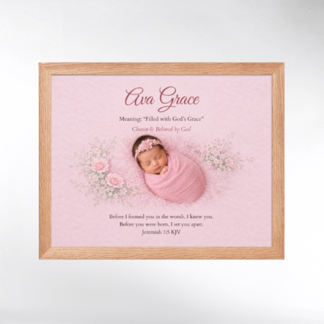 Framed baby photo with pink background and text on a white wall