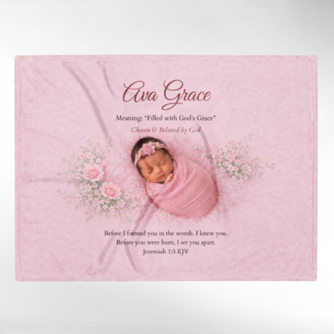 Newborn baby wrapped in pink with 'Ava Grace' text on a pink background