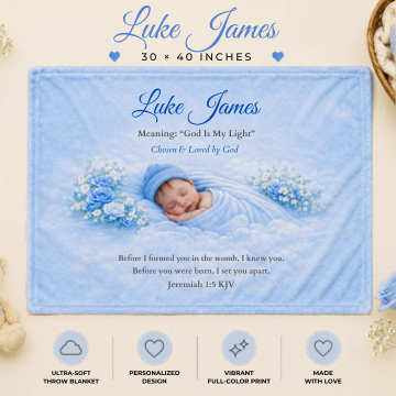 Baby blanket with a sleeping baby design and text, featuring the name 'Luke James'.