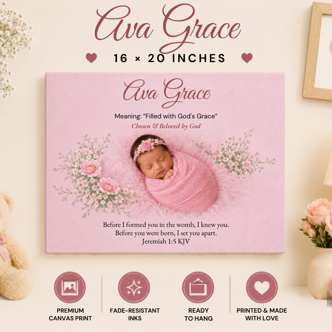 Canvas print with a baby wrapped in pink, surrounded by flowers, on a light background.
