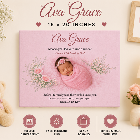 Canvas print with a baby wrapped in pink, surrounded by flowers, on a light background.