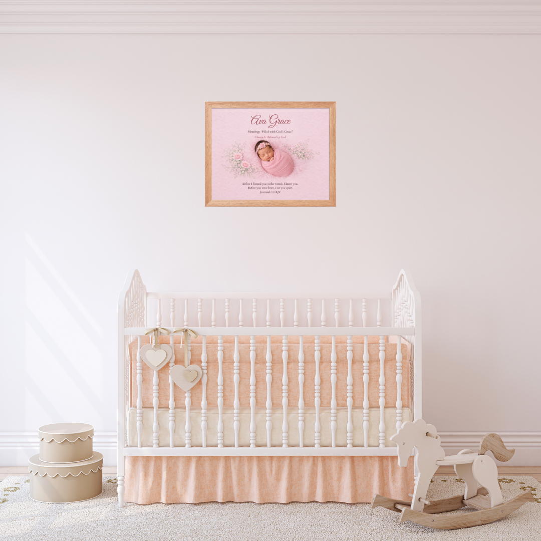 Nursery room with a crib, rocking horse, and framed baby photo on the wall.