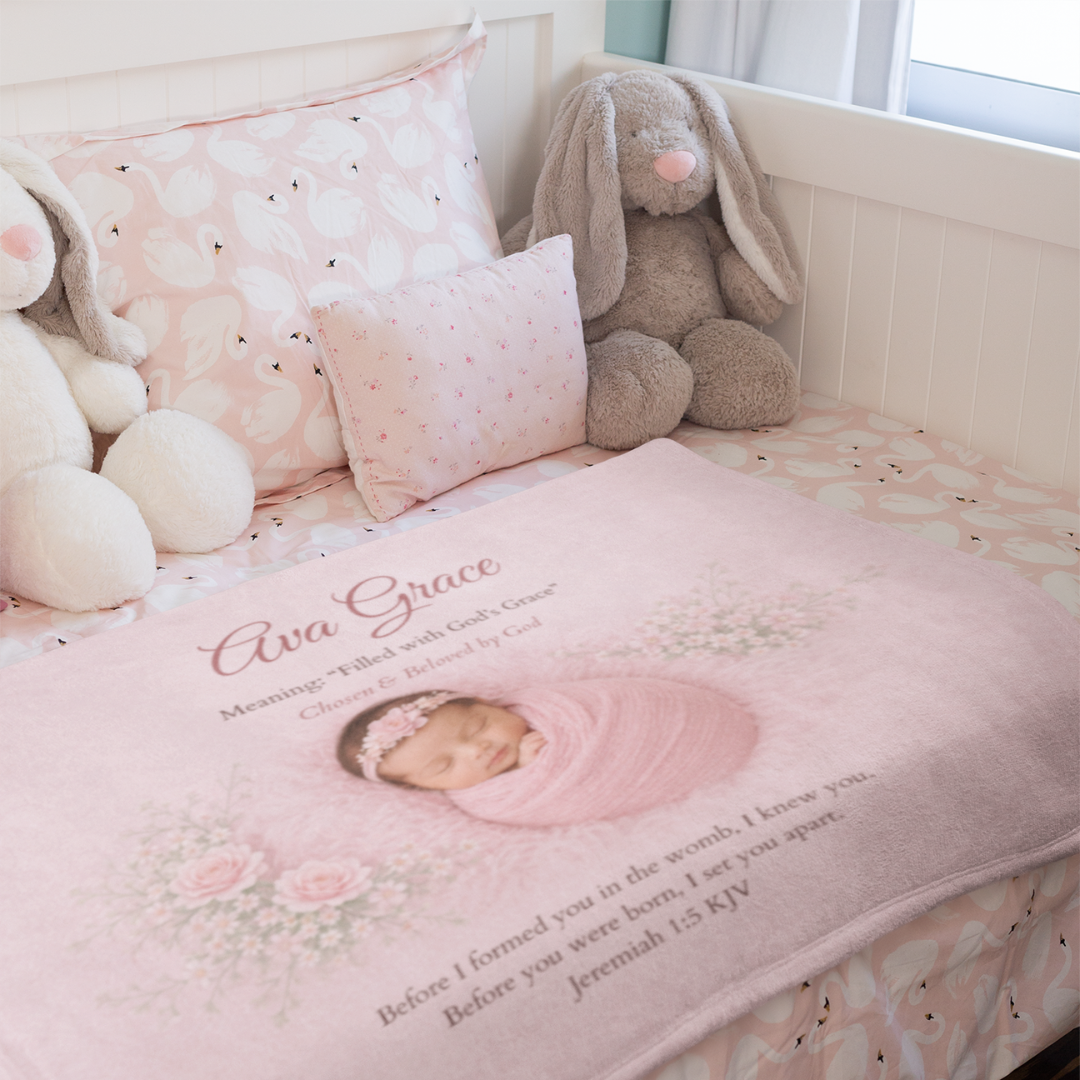 Baby blanket with a photo of a baby and text in a crib with stuffed animals