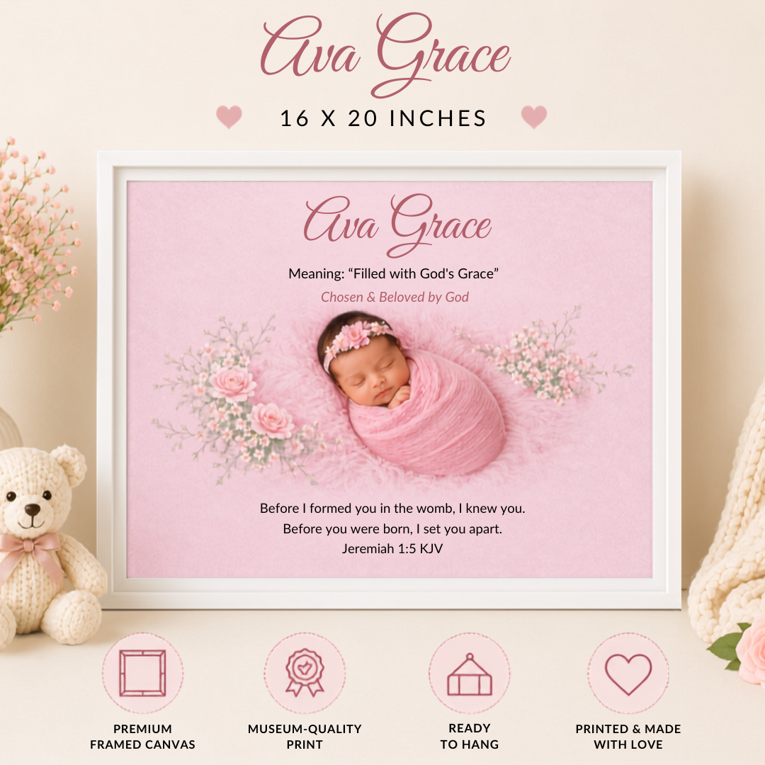 Framed canvas with a baby girl photo and text on a pink background, featuring a teddy bear and flowers.