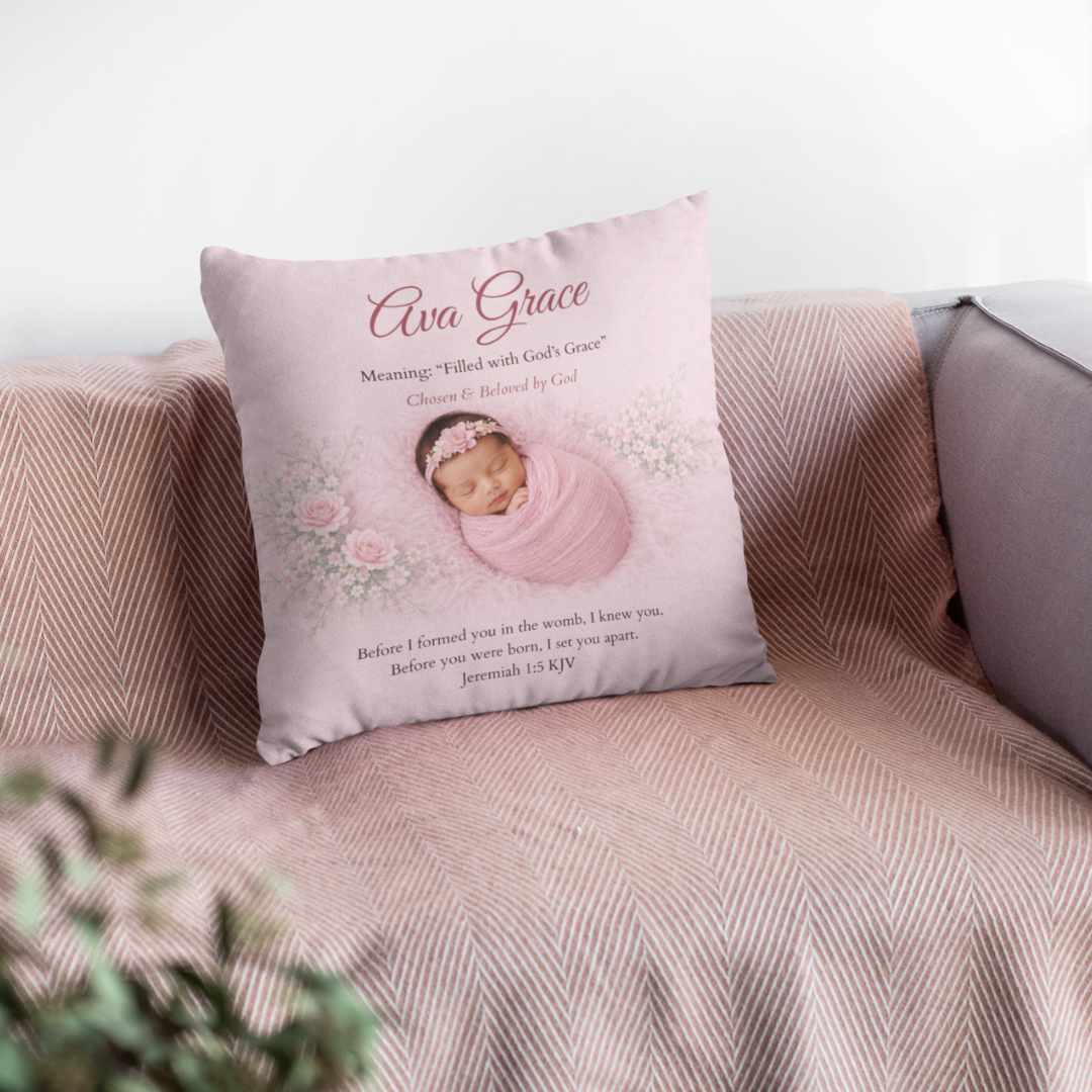 Decorative pillow with baby's photo and name on a couch