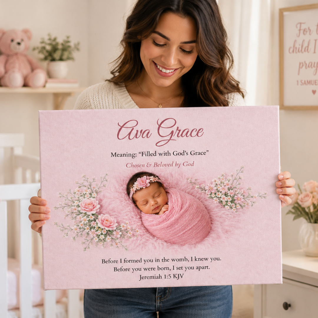Woman holding a pink sign with a baby's name and meaning in a home setting.