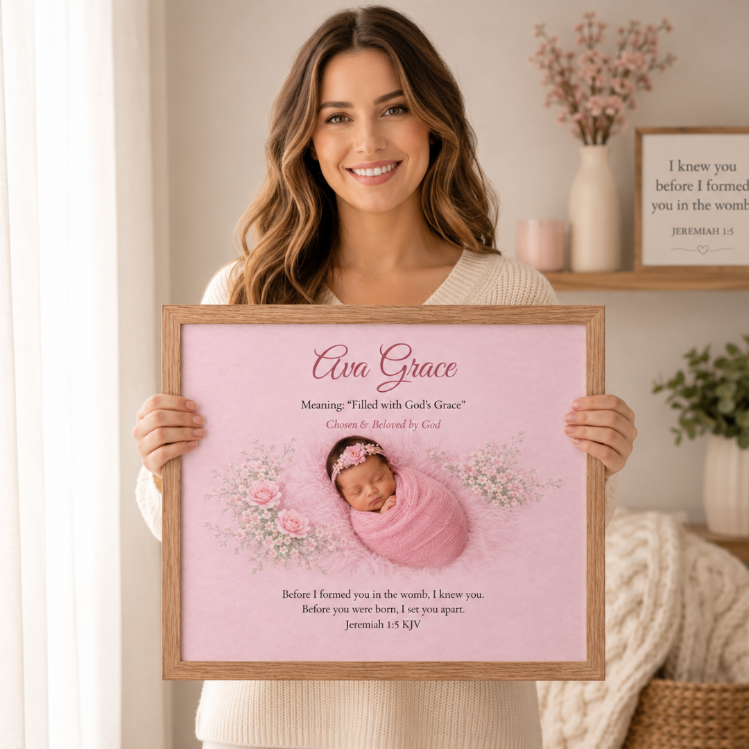Woman holding a framed baby girl name poster with floral designs and text.