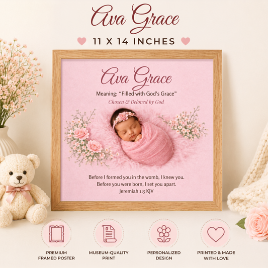 Framed poster with a baby's name, meaning, and a baby photo on a pink background.