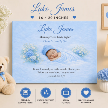 Canvas print with a baby's name, meaning, and decorative elements on a light background.