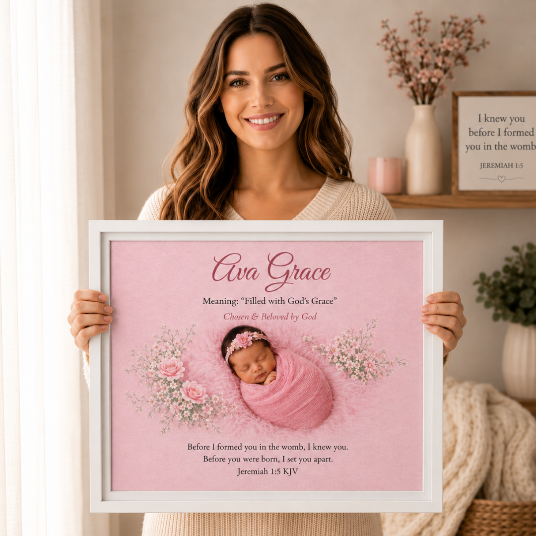 Woman holding a framed baby girl photo with pink background and text