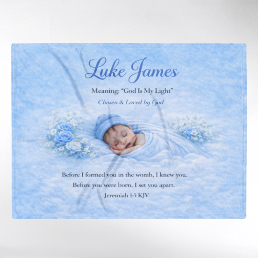 Baby card with a baby in a blue outfit surrounded by flowers on a light blue background.