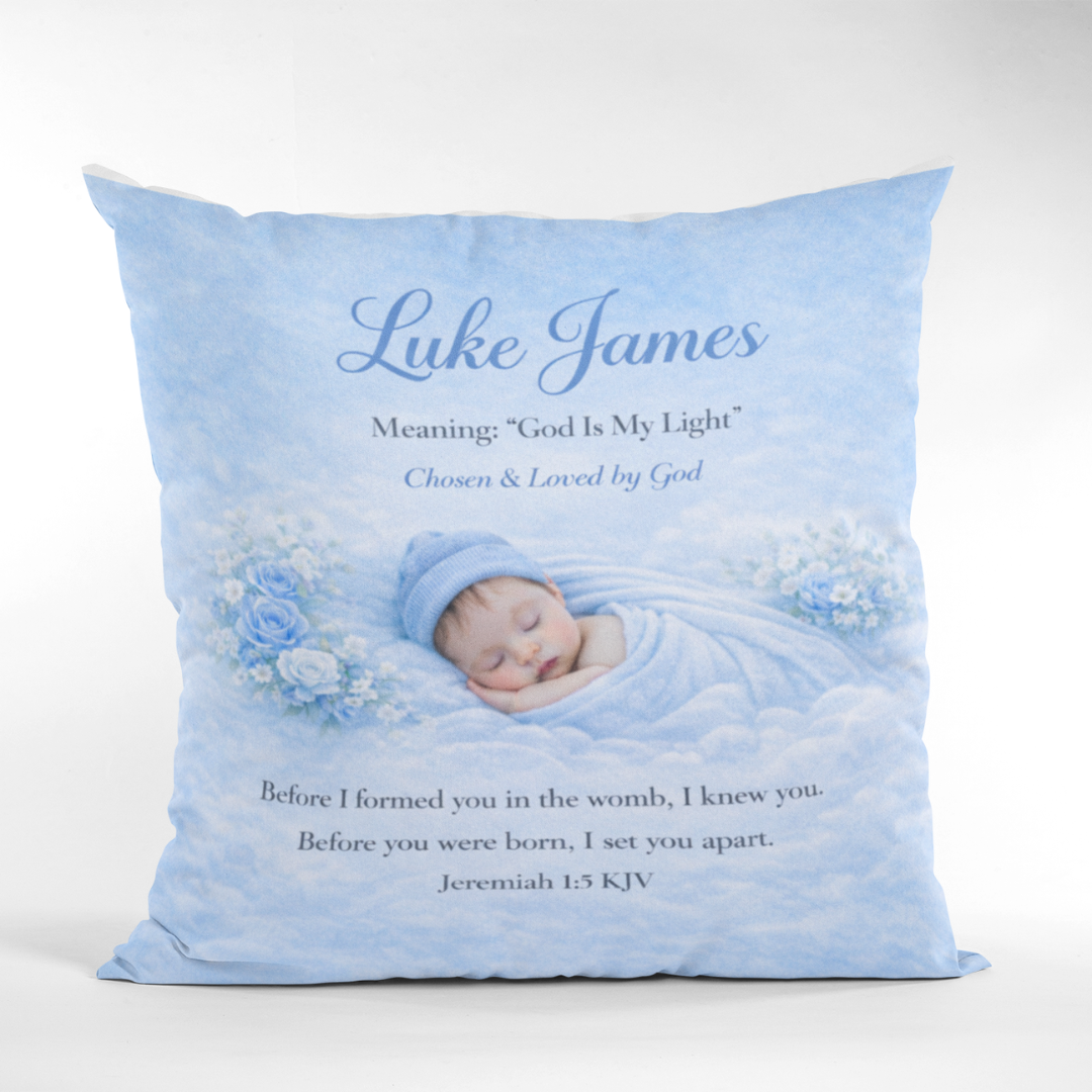 Decorative pillow with a baby's photo and text on a light blue background