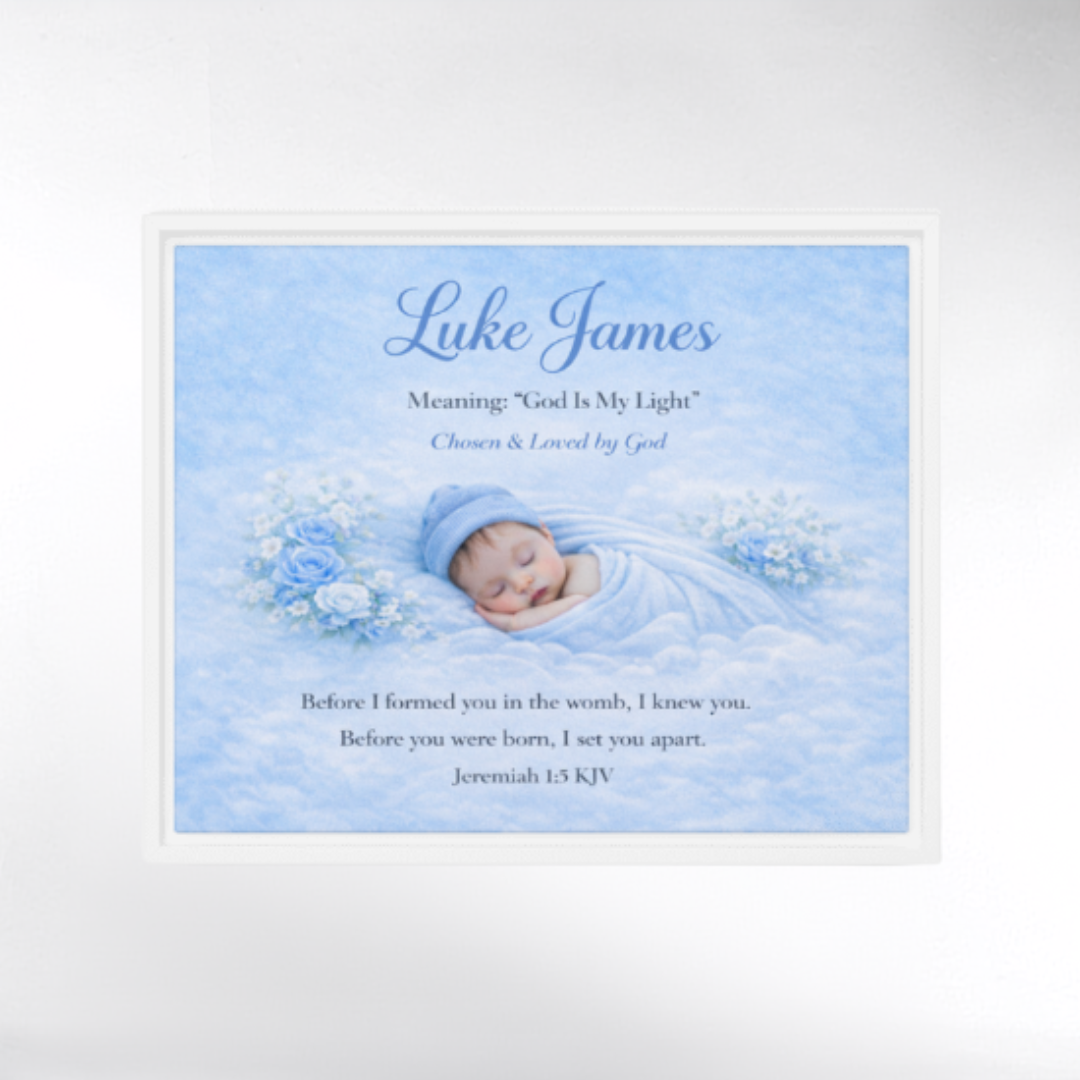 Framed baby photo with text about Luke James on a light blue background