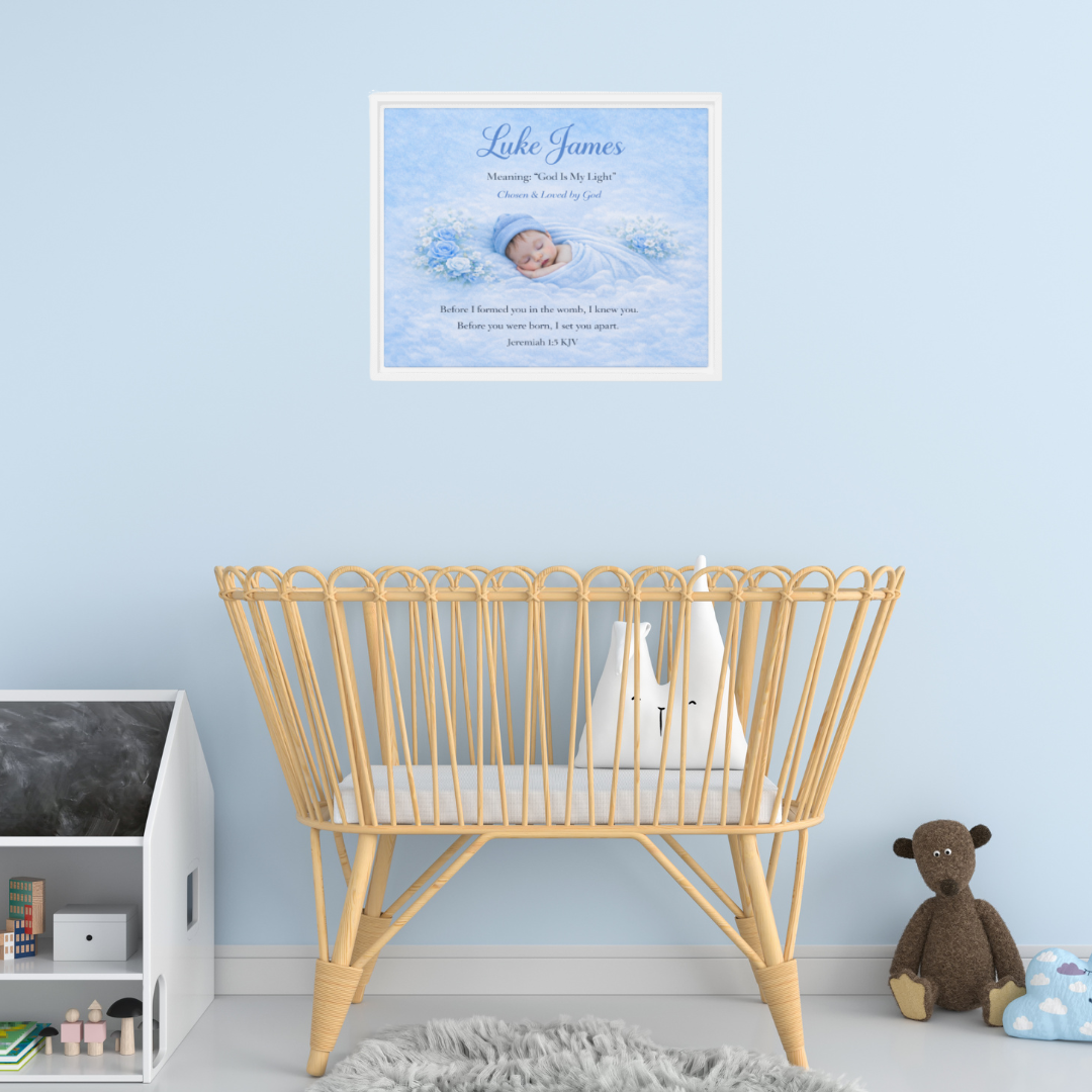 Nursery room with a wooden crib, teddy bear, and framed photo on a light blue wall.