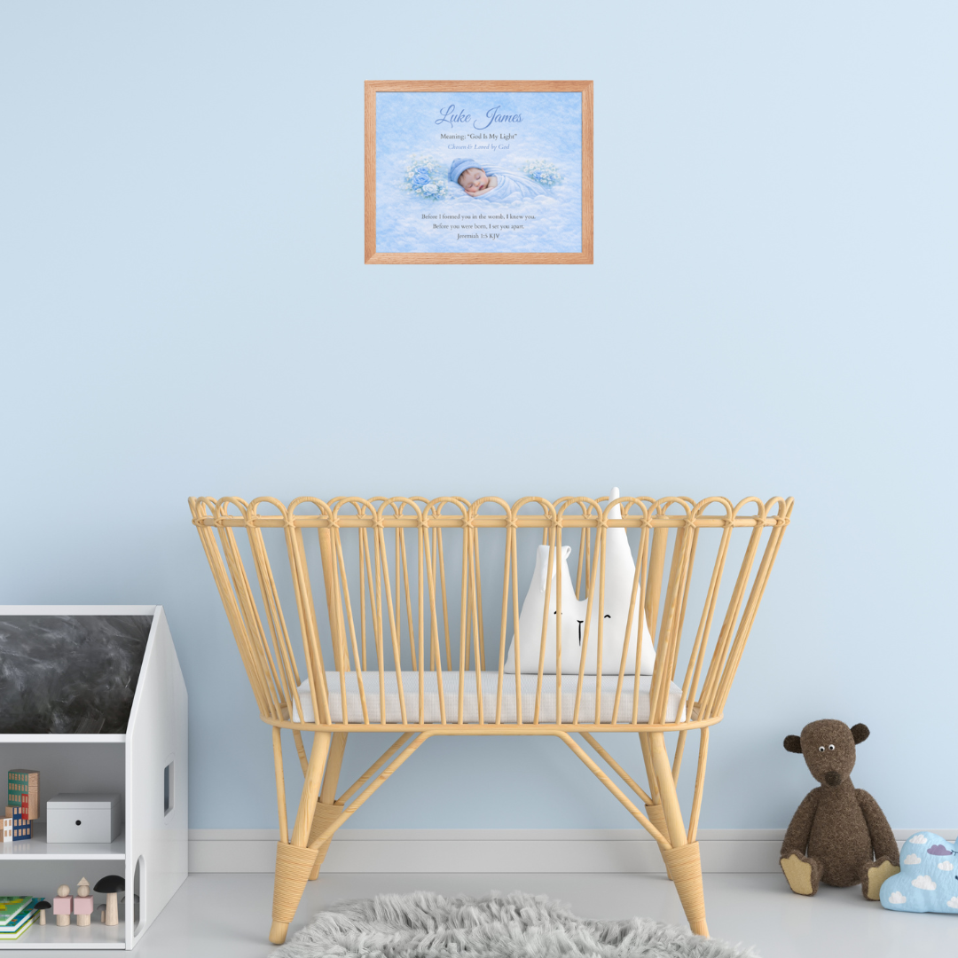 Nursery room with wooden crib, framed baby photo, and teddy bear against a light blue wall.