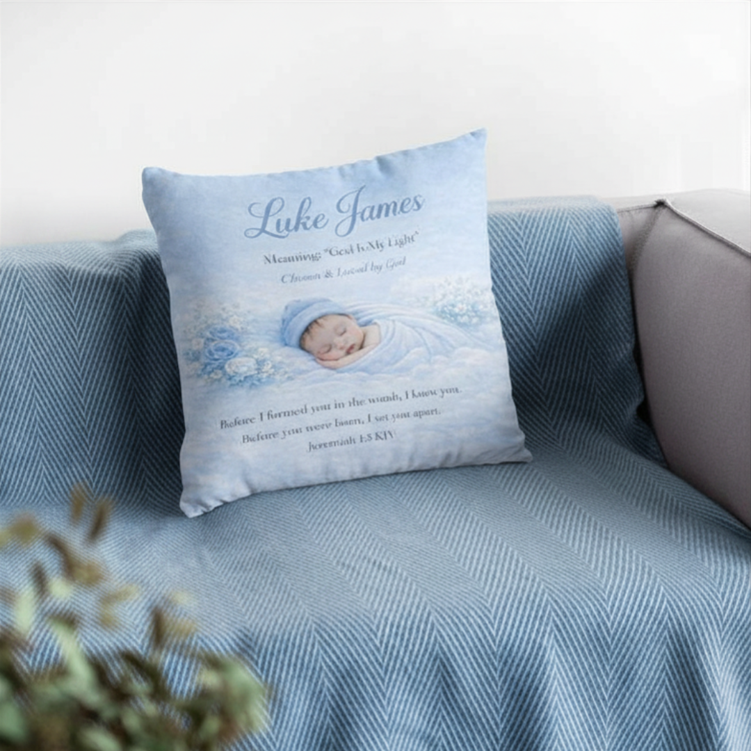 Decorative pillow with baby illustration and text on a sofa