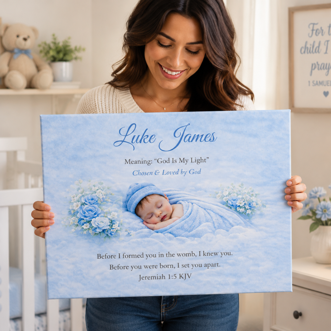Woman holding a personalized baby poster with a baby's name and meaning.