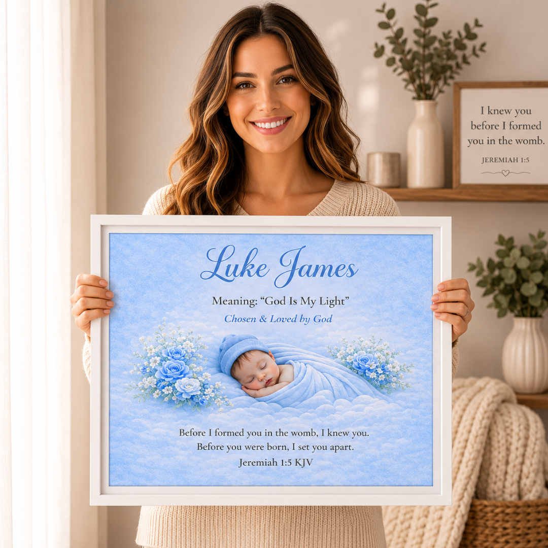 Woman holding a framed baby gift with a blue design and text.