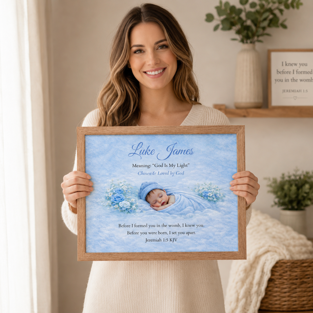 Woman holding a framed baby photo with text in a home setting