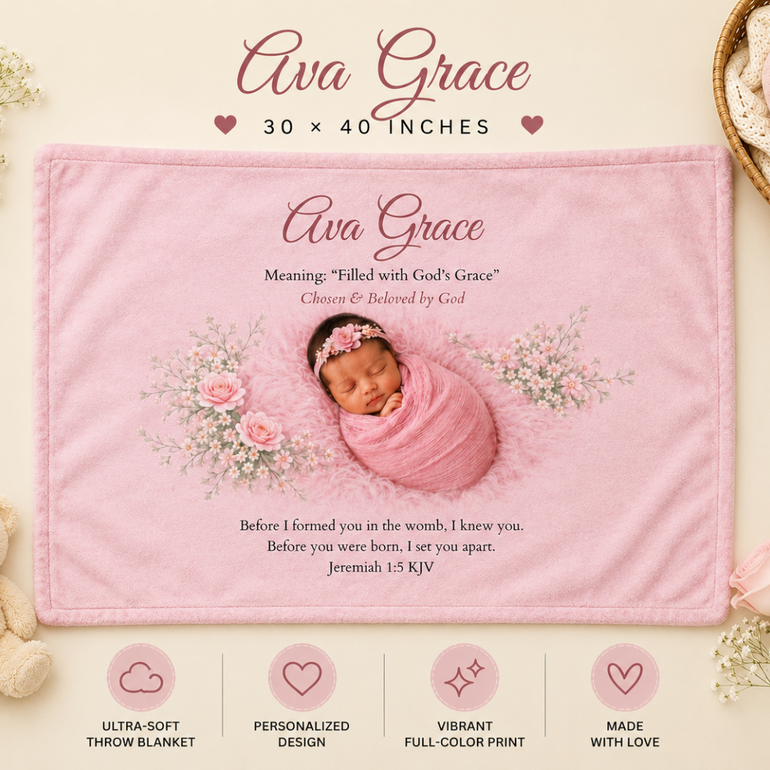 Pink throw blanket with baby swaddled in pink, featuring 'Ava Grace' text and floral designs.