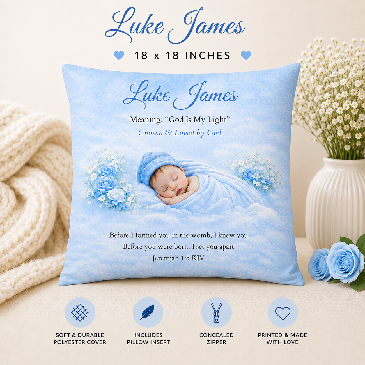 Decorative pillow with baby's name and meaning, featuring a baby wrapped in blue, on a beige background.